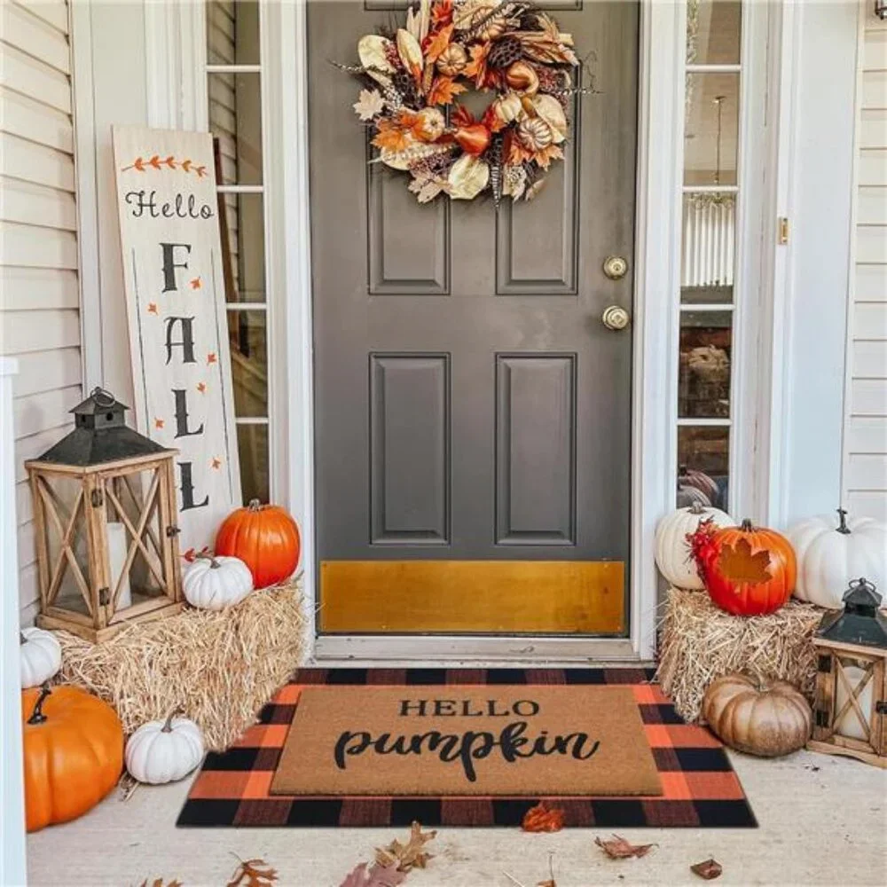 100% Coco Coir Welcome Mat 28x43 Inches Orange and Black Plaid Rug